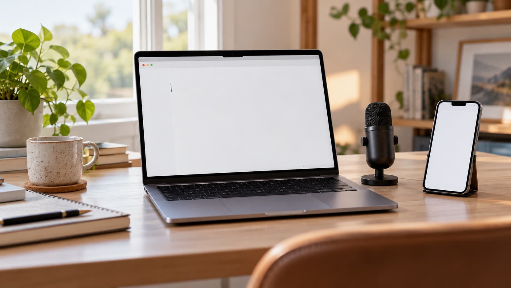 A Mac, iPhone, and microphone arranged for a dictation workflow