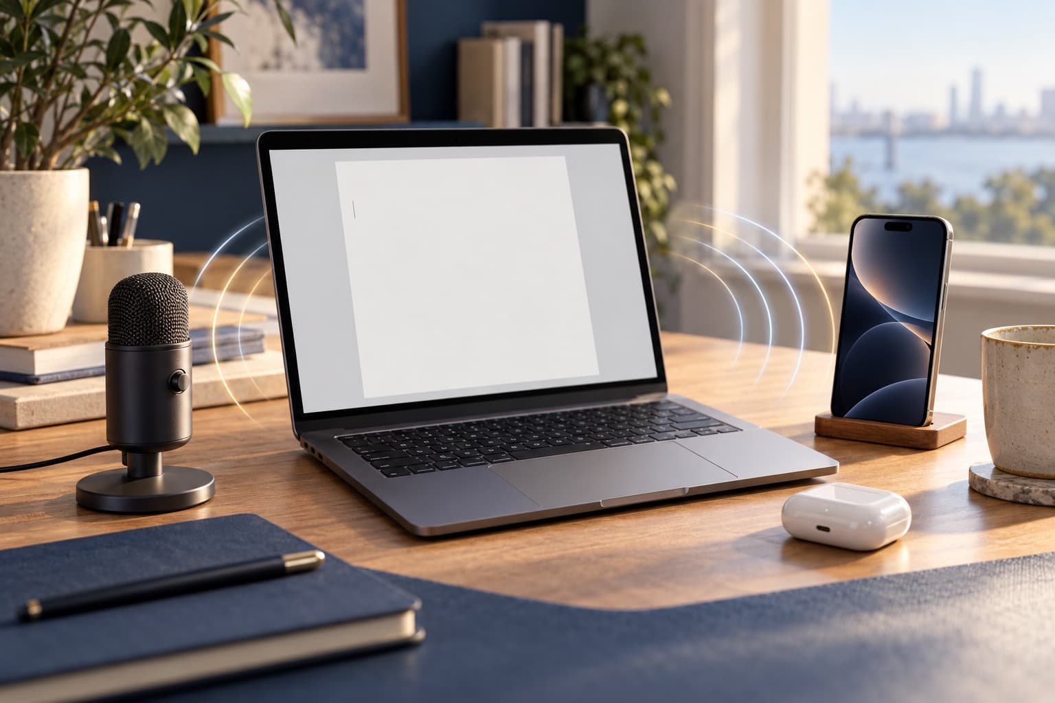 A Mac, iPhone, AirPods, and USB microphone arranged for voice typing