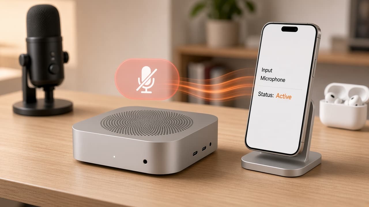 Illustrated Mac mini with no built-in mic, using an iPhone as wireless voice input