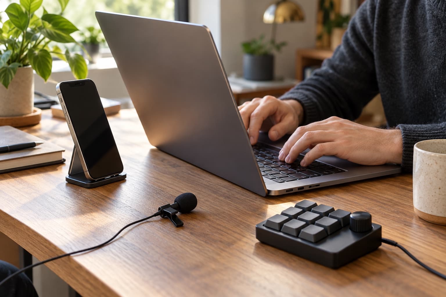A phone, clip-on microphone, and small macro pad beside a laptop in a home coding workspace