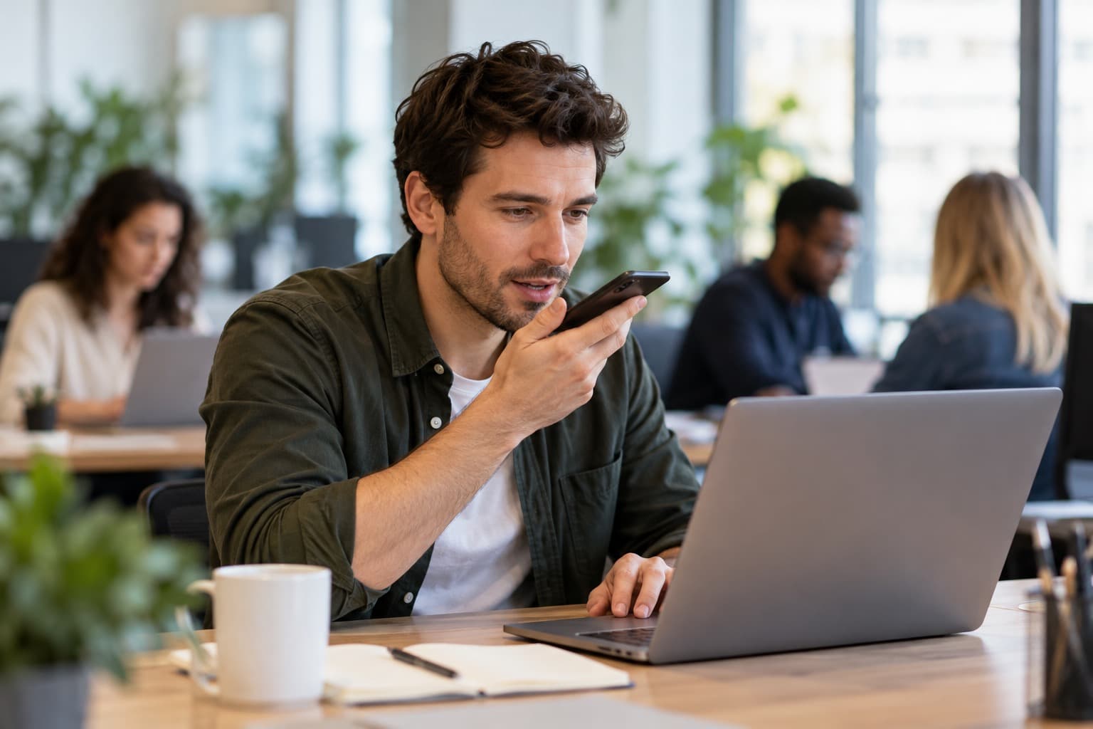 A developer quietly dictating to a phone in a shared open office