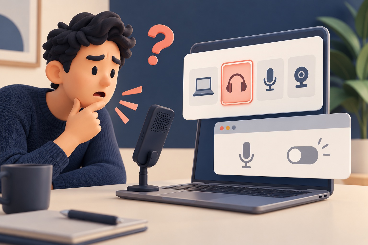 A conceptual illustration of a wrong microphone input and a blocked browser permission causing voice typing trouble.