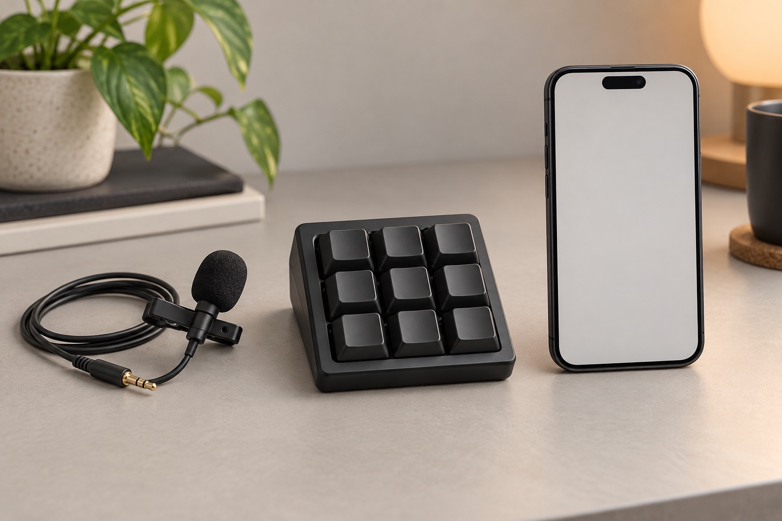 A clip-on lavalier, a compact macro pad, and a smartphone shown as three possible voice-input and control setups