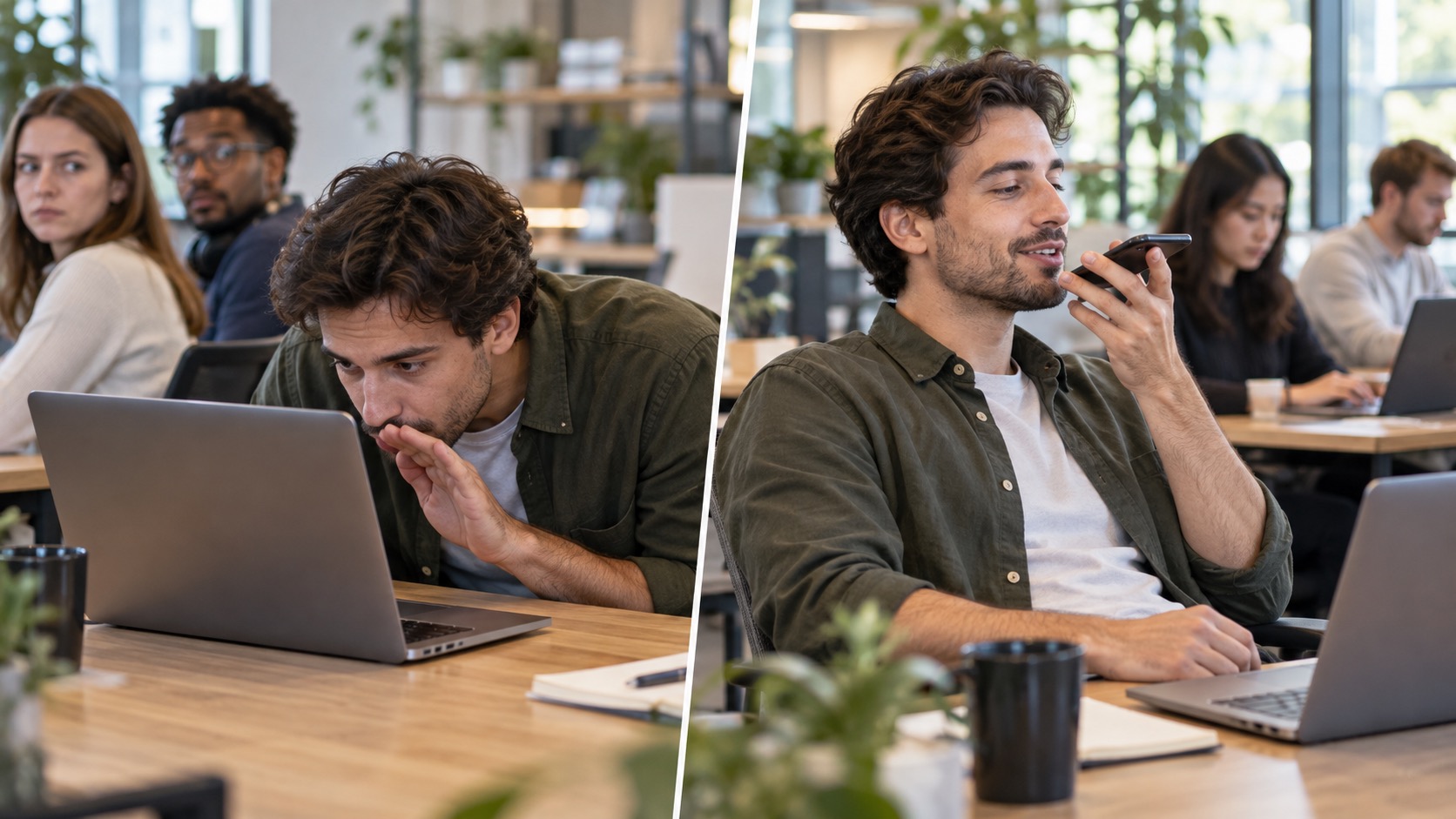 Whispering toward a laptop can feel awkward in a shared office; holding a phone close like a call can make quiet dictation more comfortable.