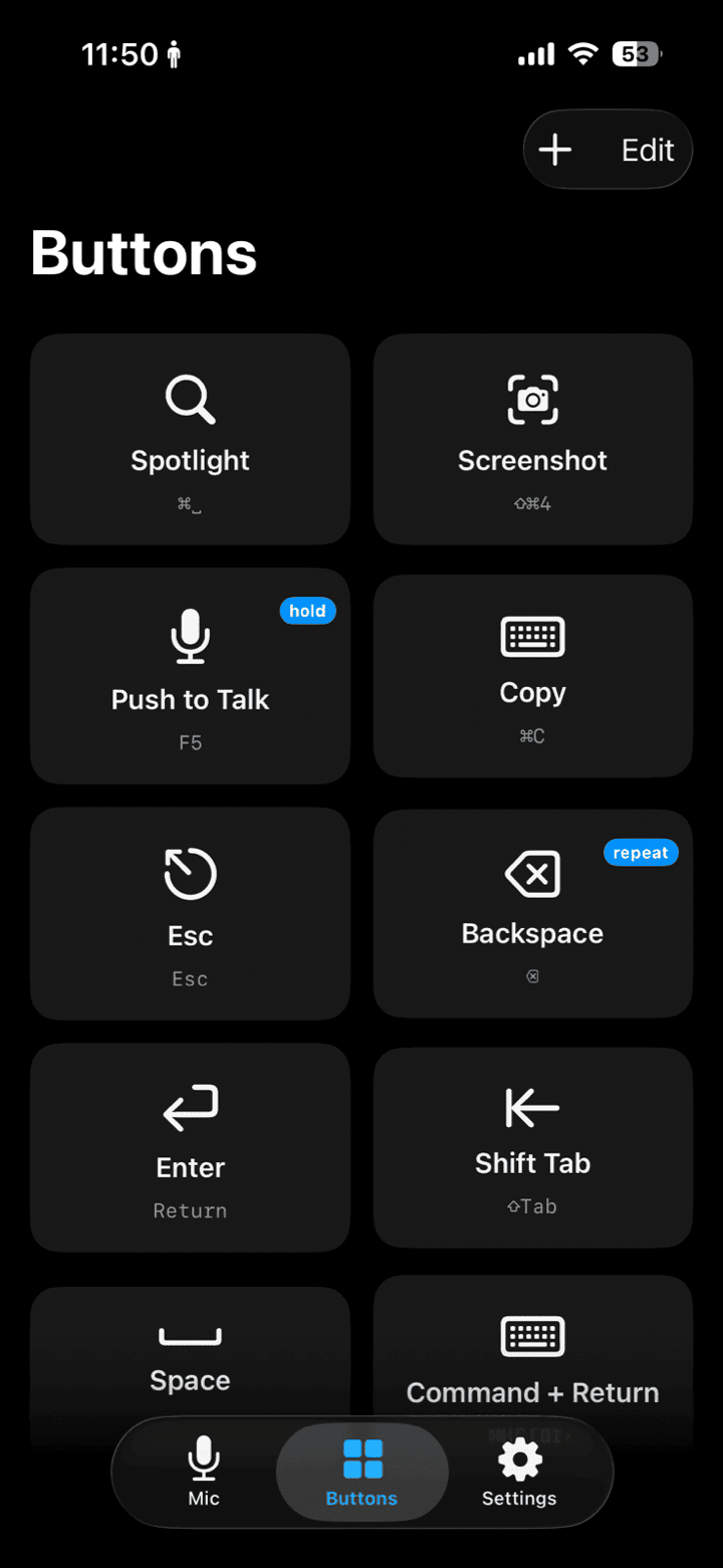 iMic's iPhone button remote can be configured for a hold action, useful for a short push-to-talk shortcut.