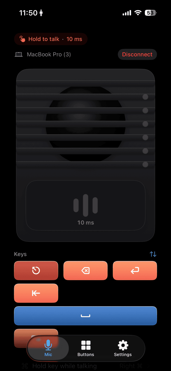 The real iMic microphone screen on iPhone.