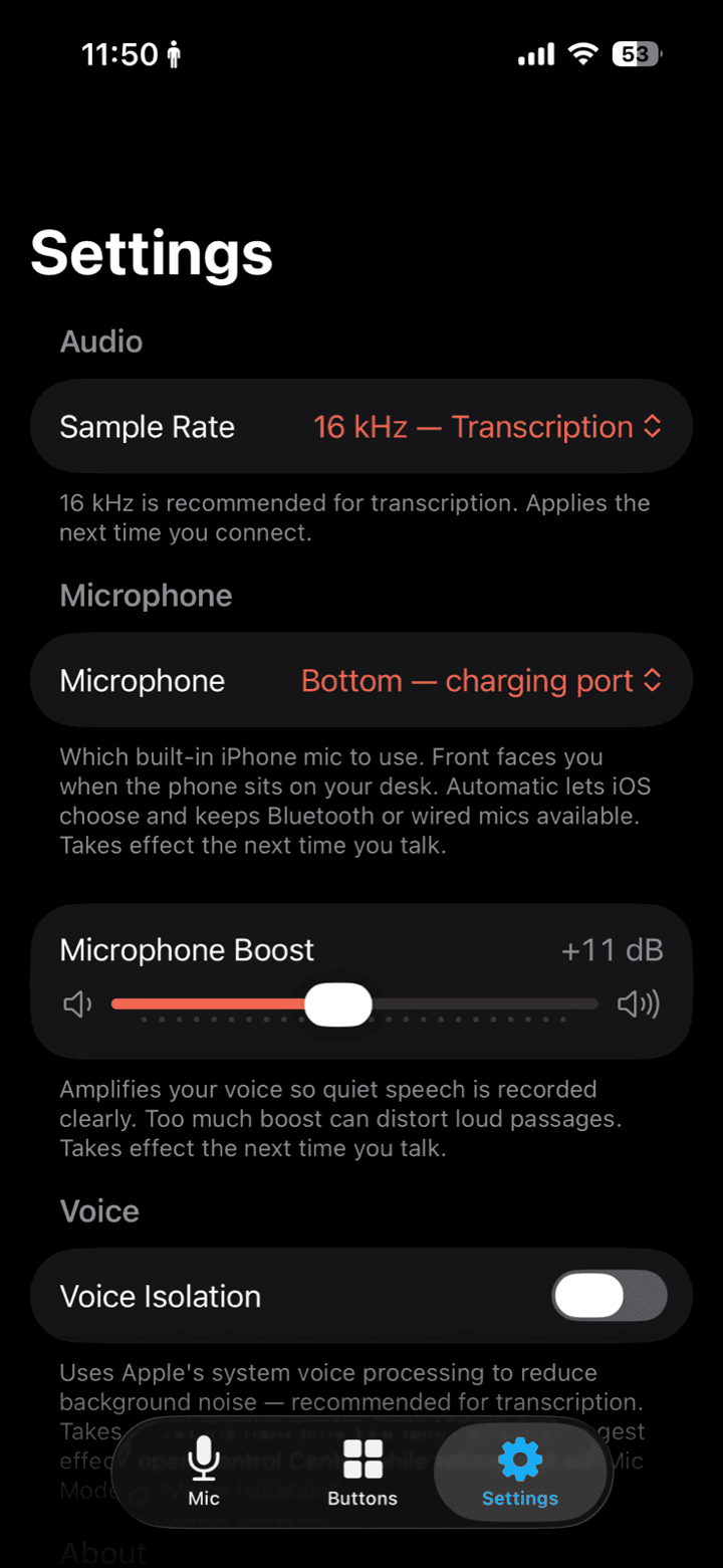 The real iMic settings screen on iPhone.