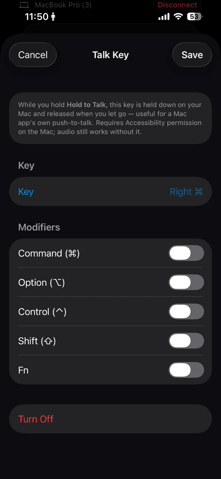 The iMic iPhone Talk Key screen, shown as an actual product screenshot.