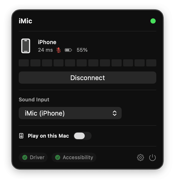 The iMic Mac menu bar screen, shown as a real product screenshot.